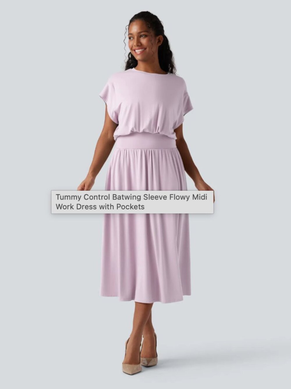 Tummy Control Batwing Sleeve Flowy Midi Work Dress with Pockets